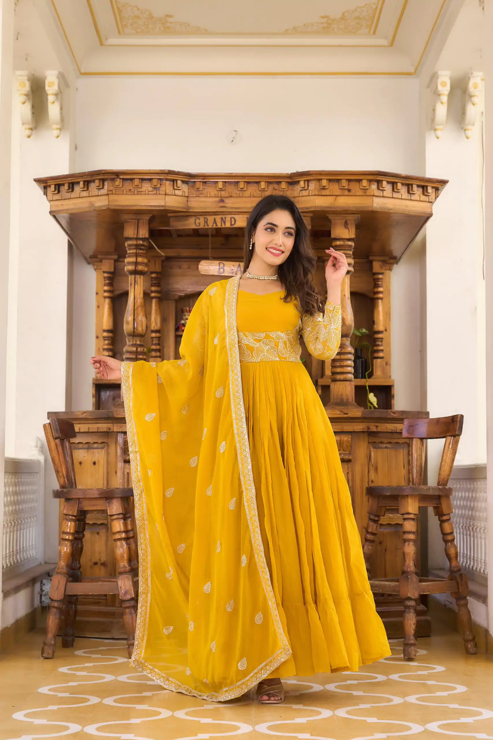 Ram 018 Yellow Color Fox Georgette Embroidery Sequence Gown Casual, Wedding, Party, Festive, Events Etc. Expected Delivery 4-6 Working Days @1999/- | Bollywood Gowns, Creative Gowns, Designer Gowns, Gowns, Party Wear Gowns