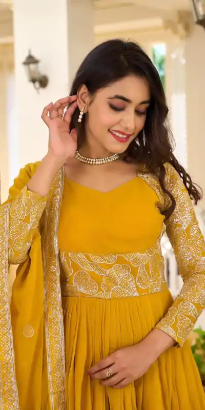 Ram 018 Yellow Color Fox Georgette Embroidery Sequence Gown Casual, Wedding, Party, Festive, Events Etc. Expected Delivery 4-6 Working Days @1999/- | Bollywood Gowns, Creative Gowns, Designer Gowns, Gowns, Party Wear Gowns