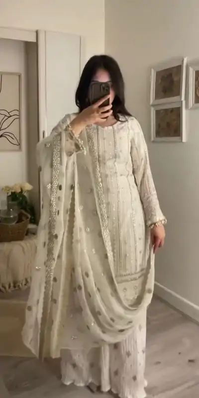 ZF 381 White Color Georgette Embroidery Sequence Salwar Suit Casual, Wedding, Party, Events Etc. Expected Delivery 4-6 Working Days 2399/- | Jump Suits, Casual Suits, Creative suits, Designer Suits, Palazzo Suits, Party Wear Suits, Patiala Suits, Salwar suit, Straight Suits