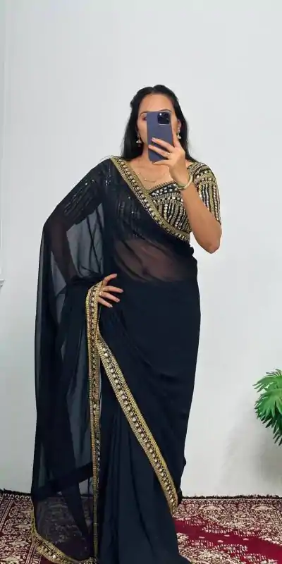 ST 468 Black Color Georgette Embroidery Lace Border Work Saree Casual, Wedding, Party, Festive, Events Etc. Expected Delivery 4-6 Working Days @1699/- | Bollywood Sarees, Creative Sarees, Designer Sarees, Embroidered Sarees, Ethnic Saree, Party Wear Sarees, Sarees