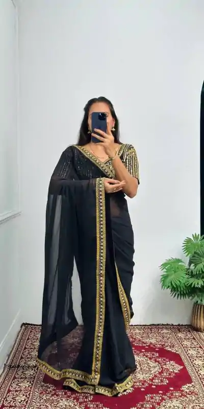 ST 468 Black Color Georgette Embroidery Lace Border Work Saree Casual, Wedding, Party, Festive, Events Etc. Expected Delivery 4-6 Working Days @1699/- | Bollywood Sarees, Creative Sarees, Designer Sarees, Embroidered Sarees, Ethnic Saree, Party Wear Sarees, Sarees