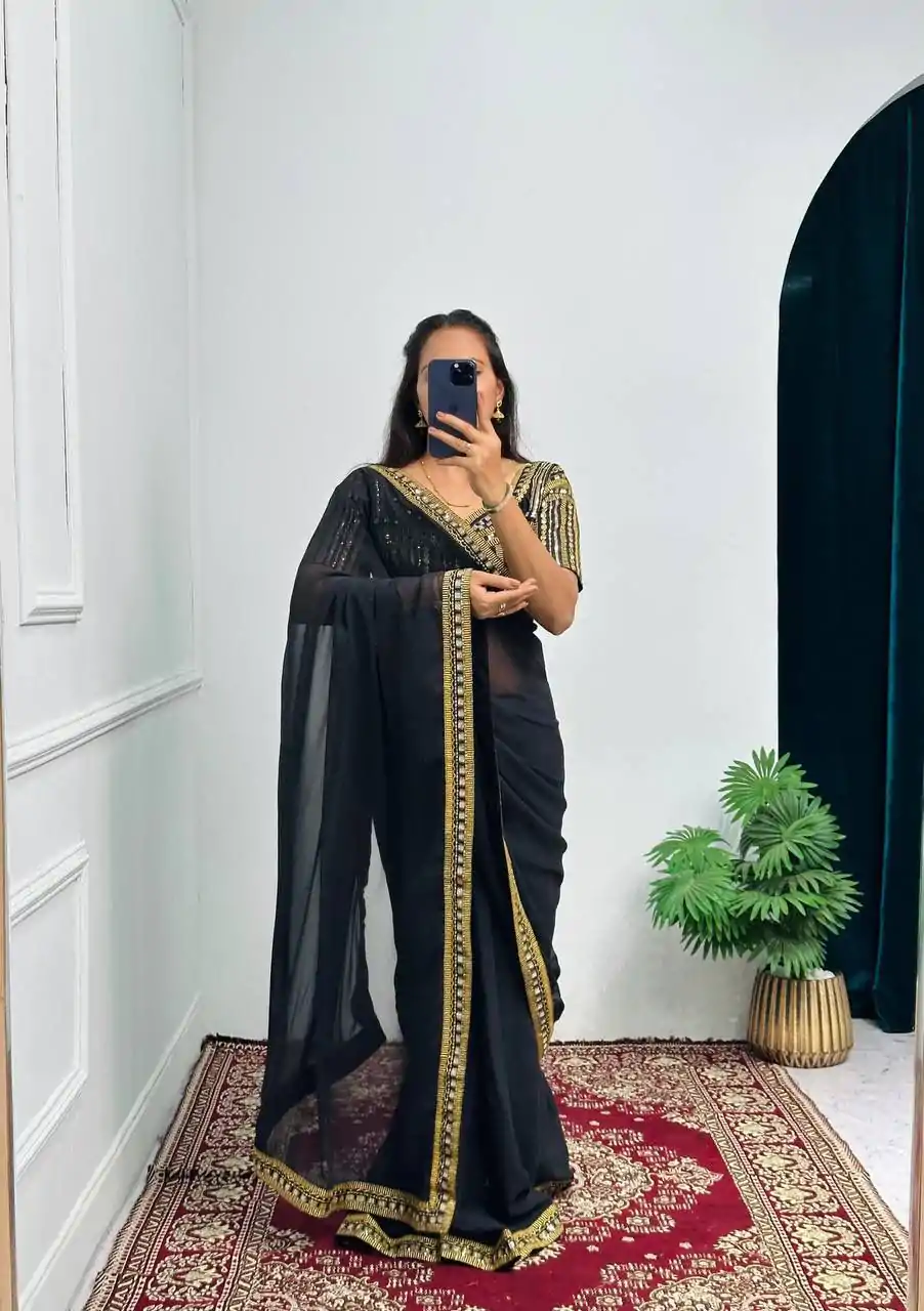 ST 468 Black Color Georgette Embroidery Lace Border Work Saree Casual, Wedding, Party, Festive, Events Etc. Expected Delivery 4-6 Working Days @1699/- | Bollywood Sarees, Creative Sarees, Designer Sarees, Embroidered Sarees, Ethnic Saree, Party Wear Sarees, Sarees