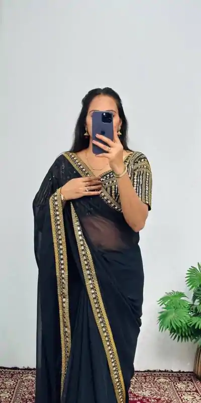 ST 468 Black Color Georgette Embroidery Lace Border Work Saree Casual, Wedding, Party, Festive, Events Etc. Expected Delivery 4-6 Working Days @1699/- | Bollywood Sarees, Creative Sarees, Designer Sarees, Embroidered Sarees, Ethnic Saree, Party Wear Sarees, Sarees