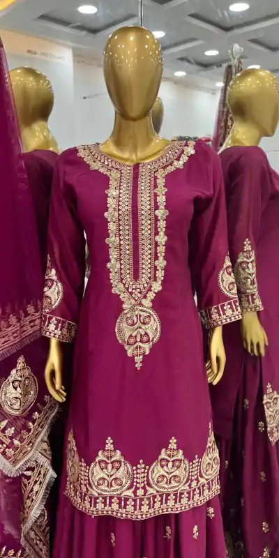 ZF 375 Purple Color Chinnon Silk Embroidery Sequence Salwar Suit Casual, Wedding, Party, Events Etc. Expected Delivery 4-6 Working Days 2099/- | Jump Suits, Casual Suits, Creative suits, Designer Suits, Palazzo Suits, Party Wear Suits, Patiala Suits, Salwar suit, Straight Suits