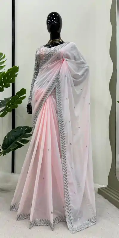 KD 498 Off Light Pink Color Faux Georgette Thread Sequence Work Saree Casual, Party Wear, Wedding, Events Etc. Expected Delivery 4-6 Working Days @1799/- | Bollywood Sarees, Creative Sarees, Designer Sarees, Embroidered Sarees, Ethnic Saree, Modern Digital sarees, Party Wear Sarees, Sarees