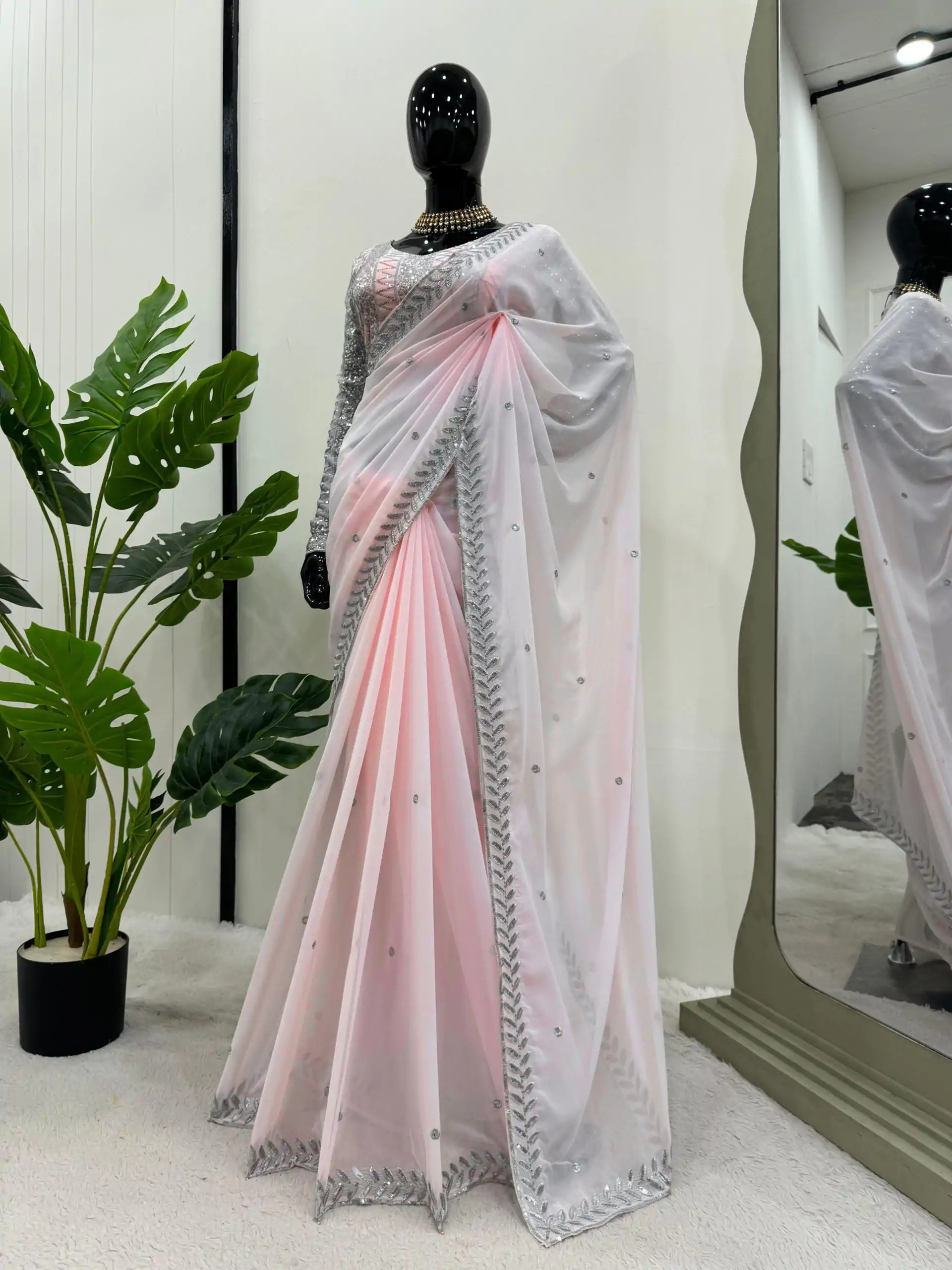 KD 498 Off Light Pink Color Faux Georgette Thread Sequence Work Saree Casual, Party Wear, Wedding, Events Etc. Expected Delivery 4-6 Working Days @1799/- | Bollywood Sarees, Creative Sarees, Designer Sarees, Embroidered Sarees, Ethnic Saree, Modern Digital sarees, Party Wear Sarees, Sarees