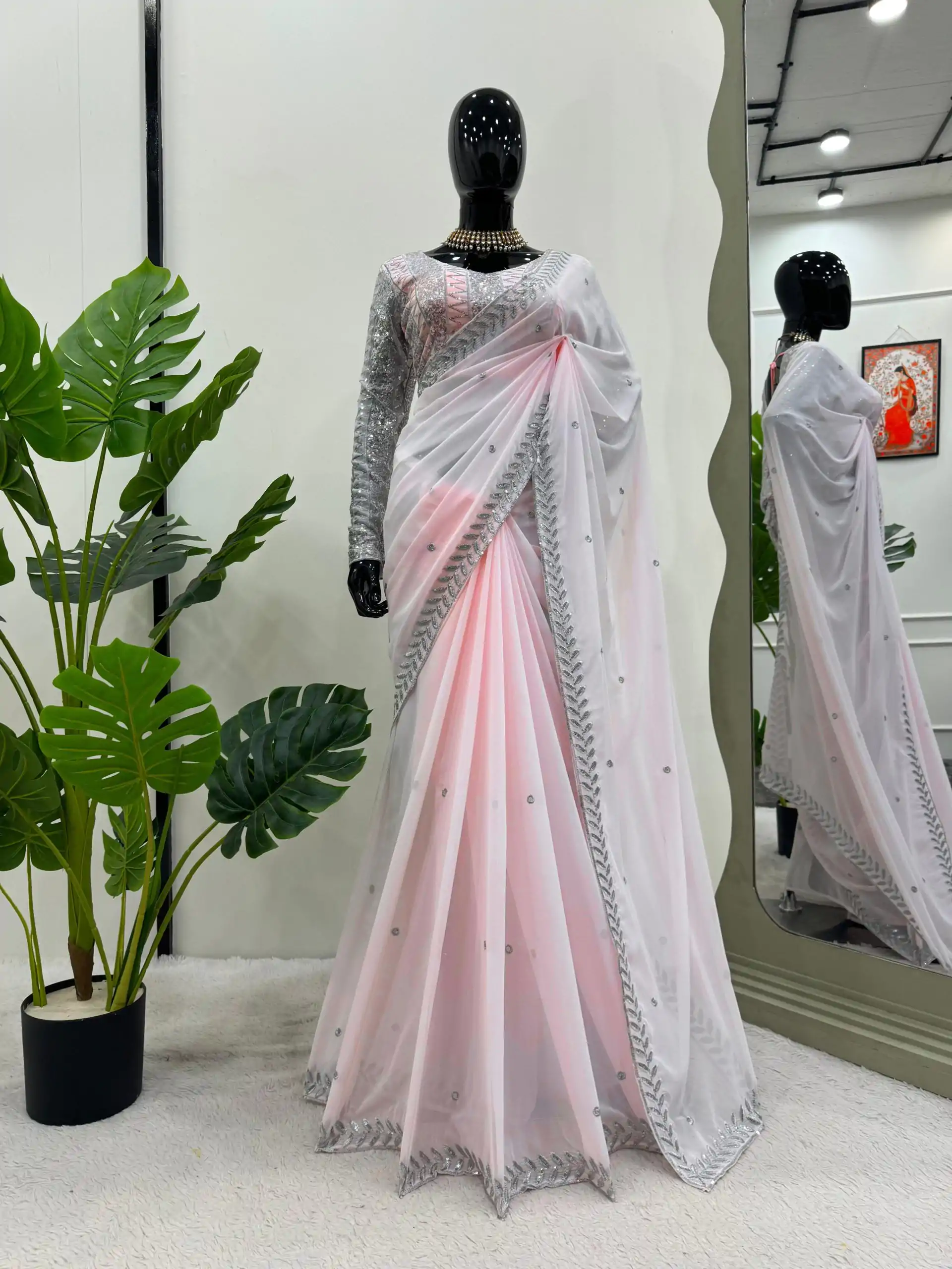 KD 498 Off Light Pink Color Faux Georgette Thread Sequence Work Saree Casual, Party Wear, Wedding, Events Etc. Expected Delivery 4-6 Working Days @1799/- | Bollywood Sarees, Creative Sarees, Designer Sarees, Embroidered Sarees, Ethnic Saree, Modern Digital sarees, Party Wear Sarees, Sarees