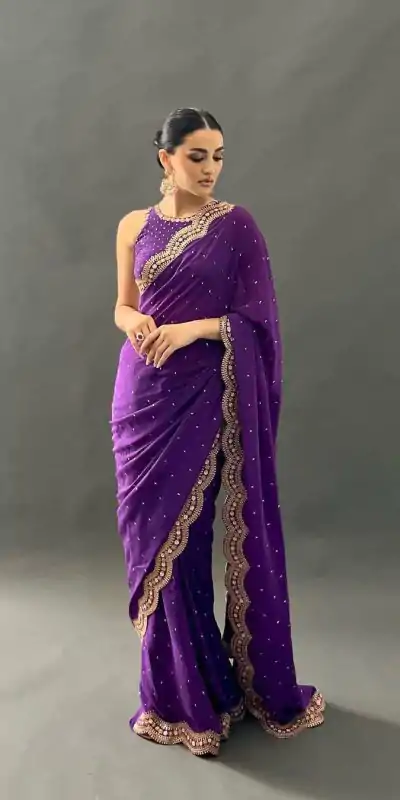 KD 359 Violet Color Georgette Thread Mith Moti Work Saree Casual, Party Wear, Wedding, Events Etc. Expected Delivery 4-6 Working Days @1849/- | Bollywood Sarees, Creative Sarees, Designer Sarees, Embroidered Sarees, Ethnic Saree, Party Wear Sarees, Sarees