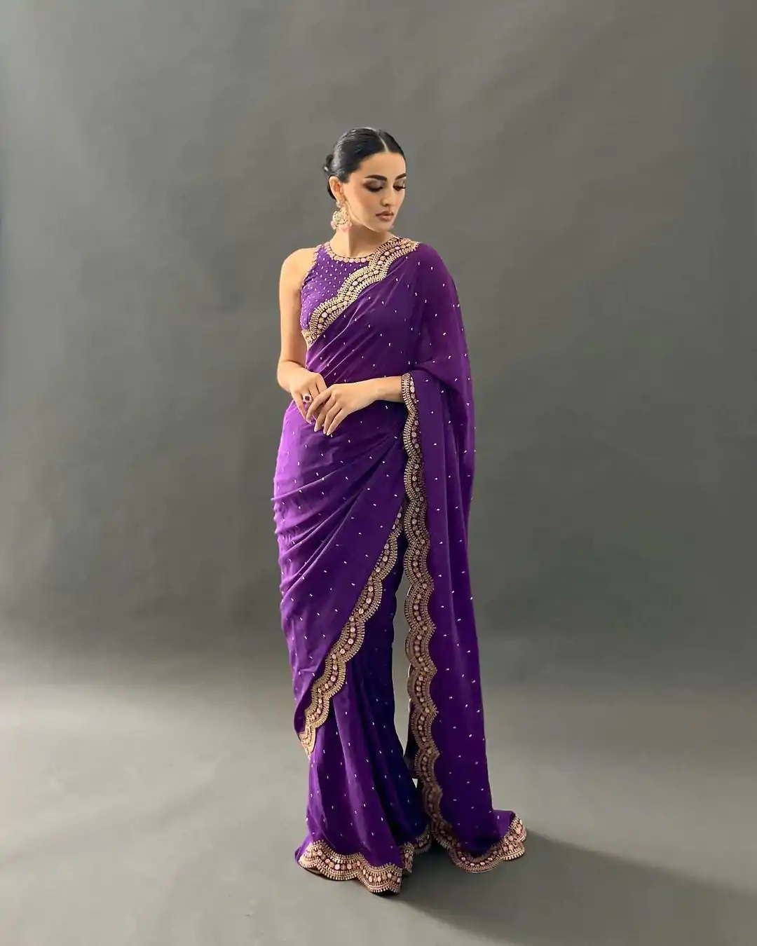 KD 359 Violet Color Georgette Thread Mith Moti Work Saree Casual, Party Wear, Wedding, Events Etc. Expected Delivery 4-6 Working Days @1849/- | Bollywood Sarees, Creative Sarees, Designer Sarees, Embroidered Sarees, Ethnic Saree, Party Wear Sarees, Sarees