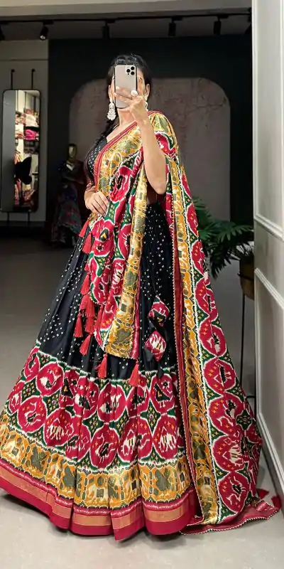 LNB 1684 Black Color Tussar Silk Patola Printed Lehenga Cho Festive Party Wedding, Events etc. Delivery 4-6 Working Days @2549/- | Bollywood Lehenga, Creative Lehenga, Designer Lehenga, Embroidered Lehenga, Lehenga, Party Wear Lehenga