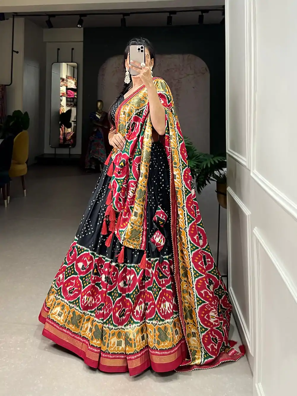 LNB 1684 Black Color Tussar Silk Patola Printed Lehenga Cho Festive Party Wedding, Events etc. Delivery 4-6 Working Days @2549/- | Bollywood Lehenga, Creative Lehenga, Designer Lehenga, Embroidered Lehenga, Lehenga, Party Wear Lehenga