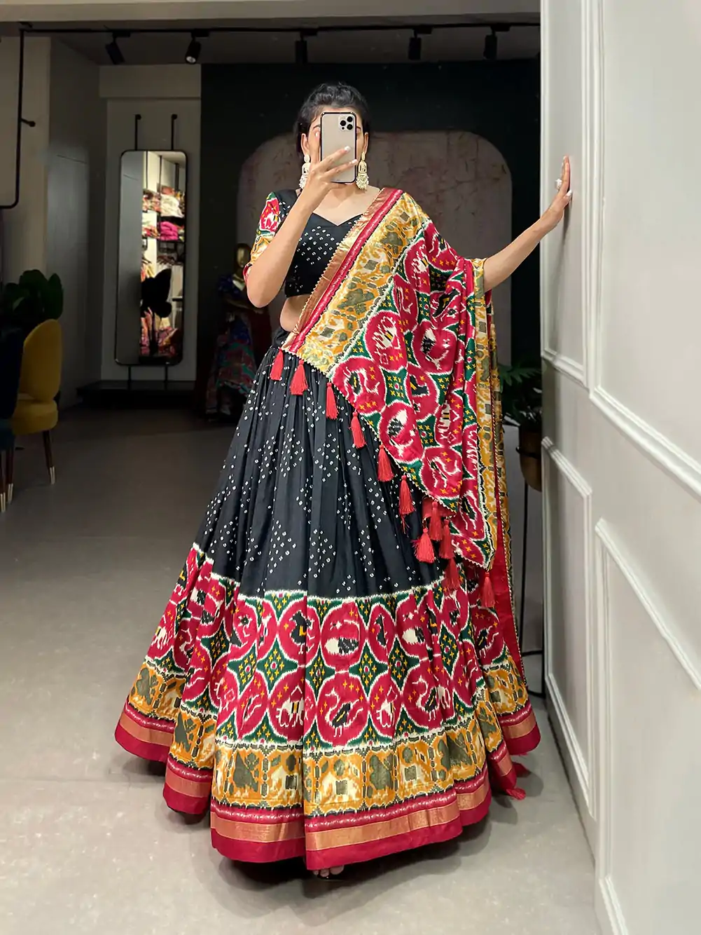 LNB 1684 Black Color Tussar Silk Patola Printed Lehenga Cho Festive Party Wedding, Events etc. Delivery 4-6 Working Days @2549/- | Bollywood Lehenga, Creative Lehenga, Designer Lehenga, Embroidered Lehenga, Lehenga, Party Wear Lehenga