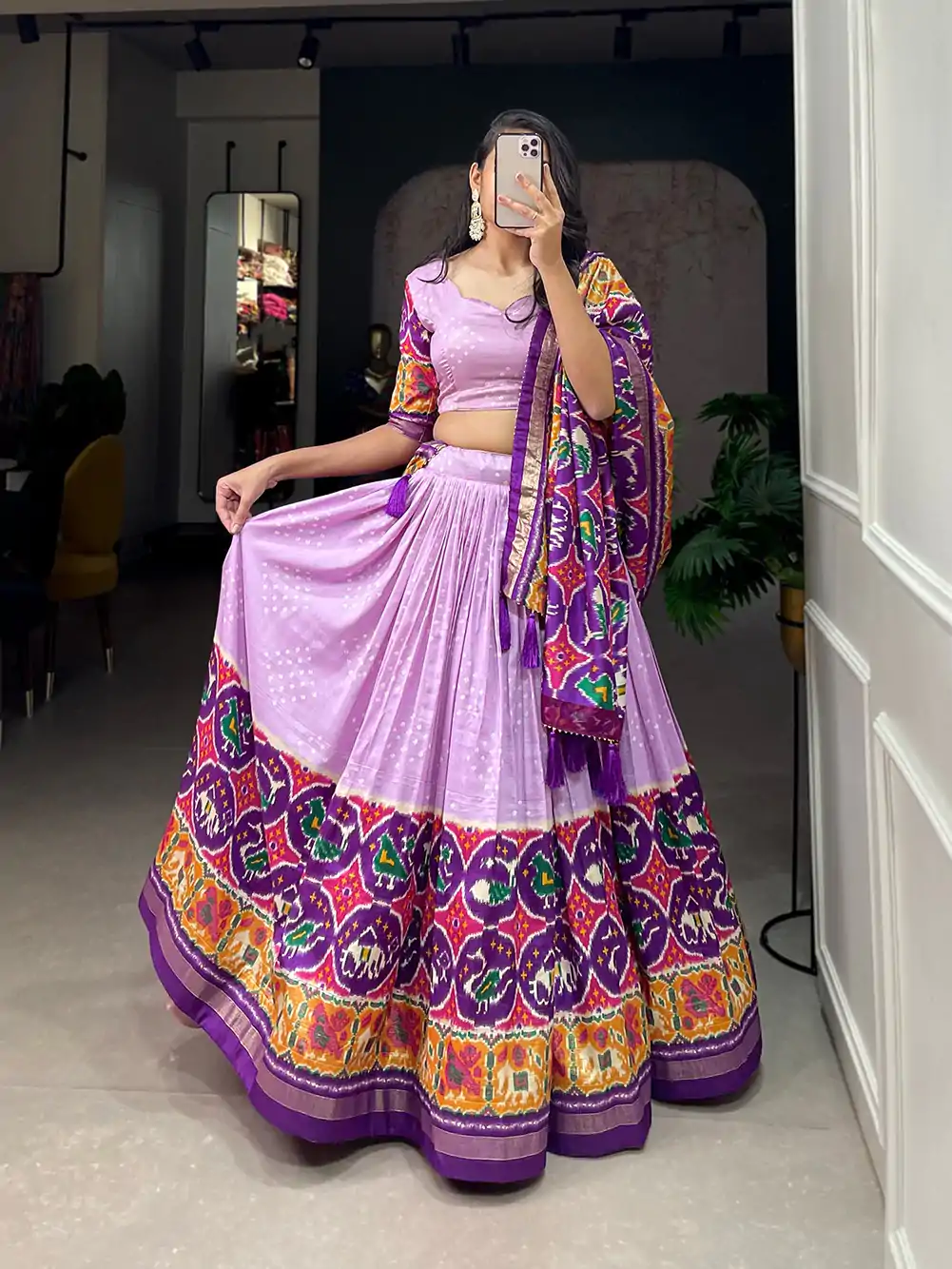 LNB 1684 Lavender Color Tussar Silk Patola Printed Lehenga Cho Festive Party Wedding, Events etc. Delivery 4-6 Working Days @2549/- | Bollywood Lehenga, Creative Lehenga, Designer Lehenga, Embroidered Lehenga, Lehenga, Party Wear Lehenga