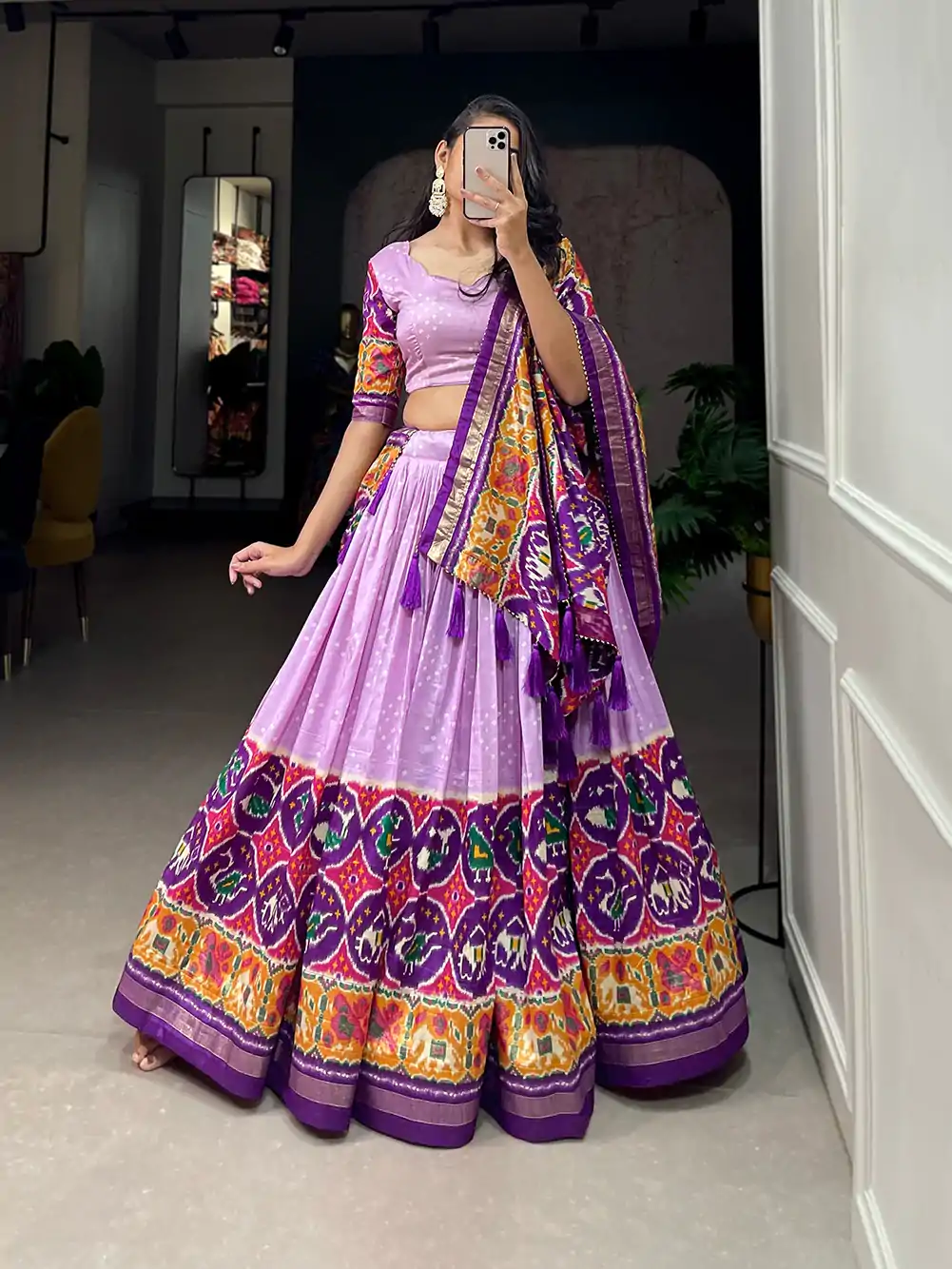 LNB 1684 Lavender Color Tussar Silk Patola Printed Lehenga Cho Festive Party Wedding, Events etc. Delivery 4-6 Working Days @2549/- | Bollywood Lehenga, Creative Lehenga, Designer Lehenga, Embroidered Lehenga, Lehenga, Party Wear Lehenga