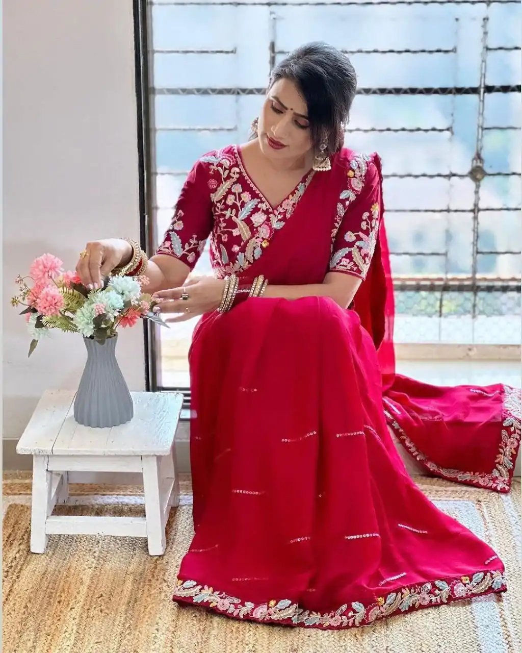 BT 3107 Red Color Rangoli Silk Beautiful Embroidery Saree Casual, Party Wear, Traditional Wear, Wedding Wear, Events Etc.@2099/- | Bollywood Sarees, Creative Sarees, Designer Sarees, Ethnic Saree, Party Wear Sarees, Sarees
