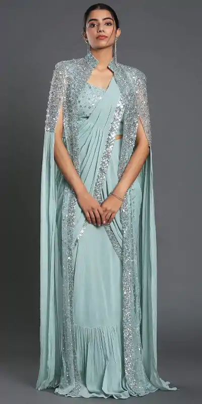 Ram 310 Light Blue Color Georgette Sequence Beautiful Frill Saree Casual, Wedding, Party, Festive, Events Etc. Expected Delivery 4-6 Working Days @2179/- | Bollywood Sarees, Creative Sarees, Designer Sarees, Embroidered Sarees, Ethnic Saree, Modern Digital sarees, Party Wear Sarees, Sarees