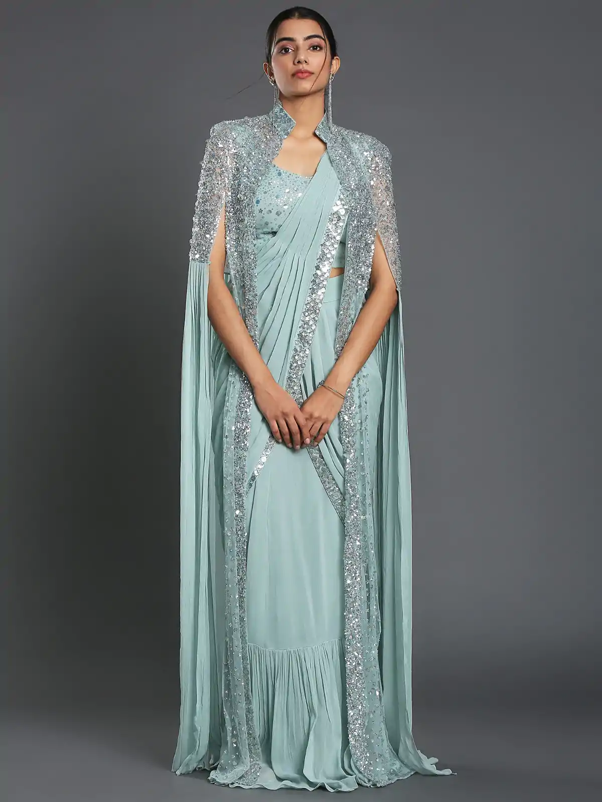 Ram 310 Light Blue Color Georgette Sequence Beautiful Frill Saree Casual, Wedding, Party, Festive, Events Etc. Expected Delivery 4-6 Working Days @2179/- | Bollywood Sarees, Creative Sarees, Designer Sarees, Embroidered Sarees, Ethnic Saree, Modern Digital sarees, Party Wear Sarees, Sarees