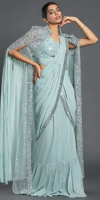 Ram 310 Light Blue Color Georgette Sequence Beautiful Frill Saree Casual, Wedding, Party, Festive, Events Etc. Expected Delivery 4-6 Working Days @2179/- | Bollywood Sarees, Creative Sarees, Designer Sarees, Embroidered Sarees, Ethnic Saree, Modern Digital sarees, Party Wear Sarees, Sarees