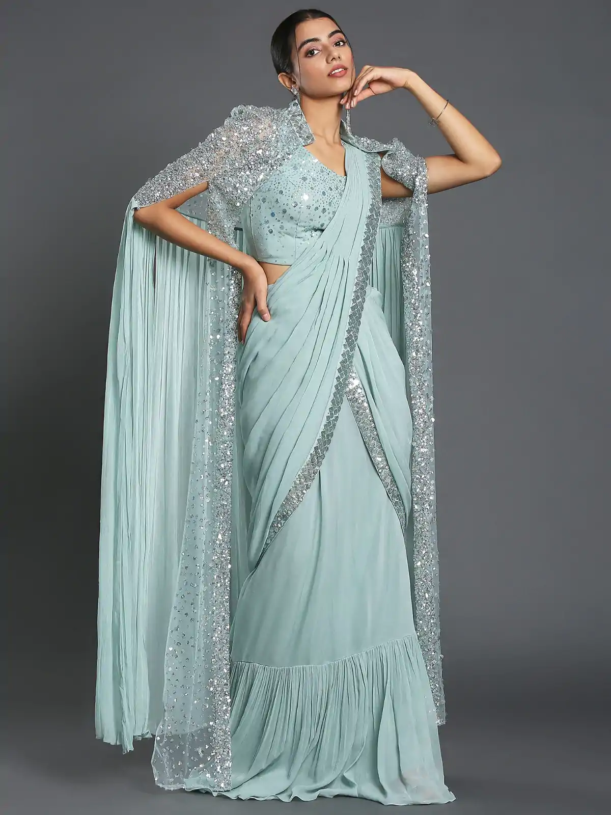 Ram 310 Light Blue Color Georgette Sequence Beautiful Frill Saree Casual, Wedding, Party, Festive, Events Etc. Expected Delivery 4-6 Working Days @2179/- | Bollywood Sarees, Creative Sarees, Designer Sarees, Embroidered Sarees, Ethnic Saree, Modern Digital sarees, Party Wear Sarees, Sarees