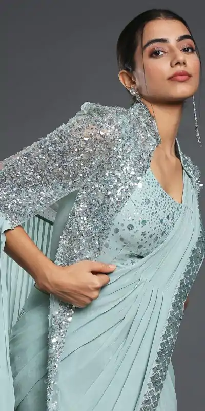 Ram 310 Light Blue Color Georgette Sequence Beautiful Frill Saree Casual, Wedding, Party, Festive, Events Etc. Expected Delivery 4-6 Working Days @2179/- | Bollywood Sarees, Creative Sarees, Designer Sarees, Embroidered Sarees, Ethnic Saree, Modern Digital sarees, Party Wear Sarees, Sarees