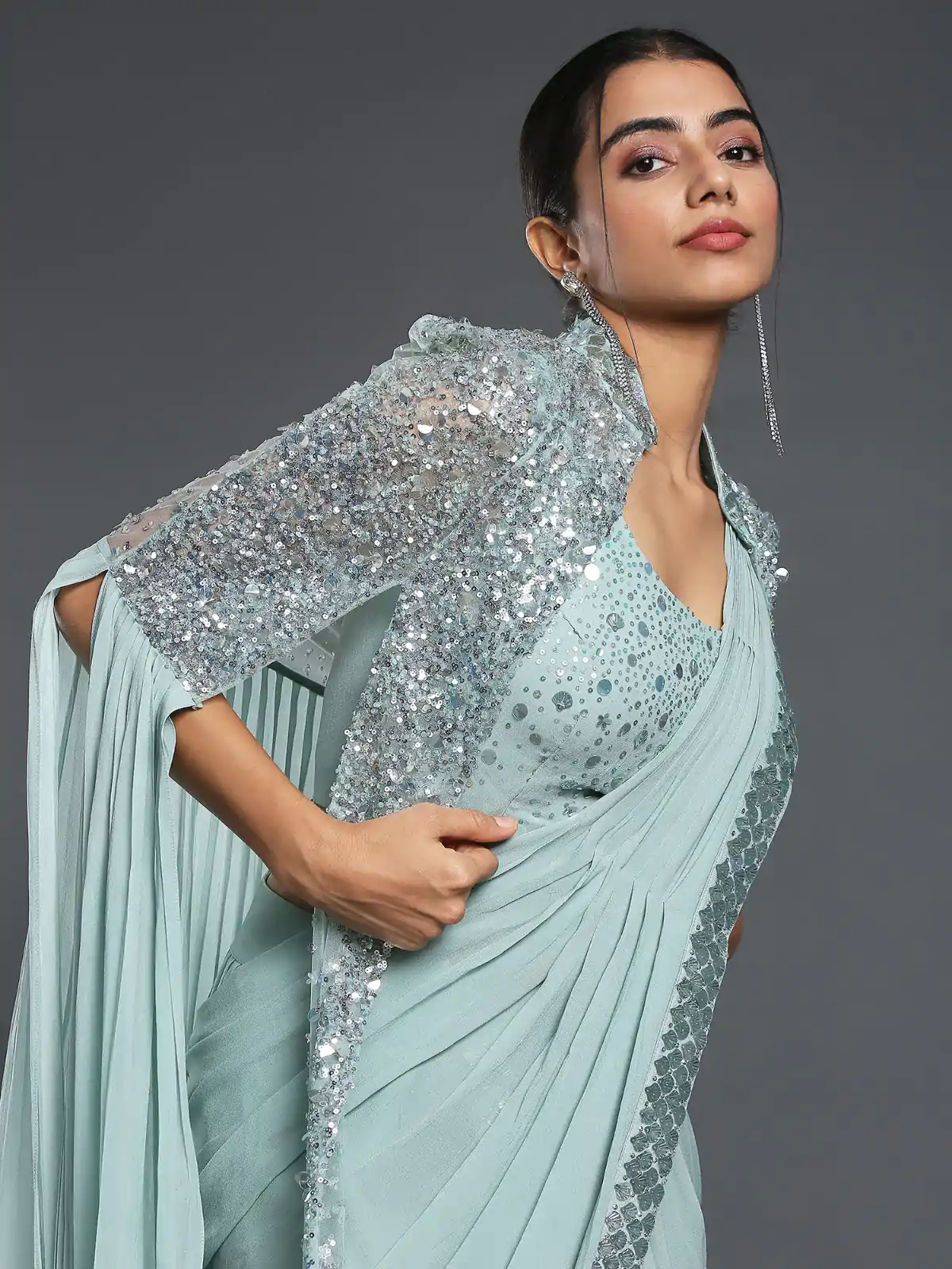 Ram 310 Light Blue Color Georgette Sequence Beautiful Frill Saree Casual, Wedding, Party, Festive, Events Etc. Expected Delivery 4-6 Working Days @2179/- | Bollywood Sarees, Creative Sarees, Designer Sarees, Embroidered Sarees, Ethnic Saree, Modern Digital sarees, Party Wear Sarees, Sarees
