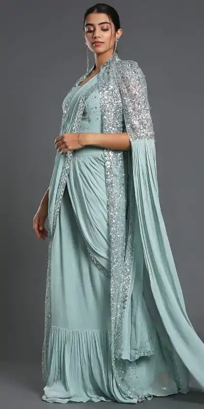 Ram 310 Light Blue Color Georgette Sequence Beautiful Frill Saree Casual, Wedding, Party, Festive, Events Etc. Expected Delivery 4-6 Working Days @2179/- | Bollywood Sarees, Creative Sarees, Designer Sarees, Embroidered Sarees, Ethnic Saree, Modern Digital sarees, Party Wear Sarees, Sarees