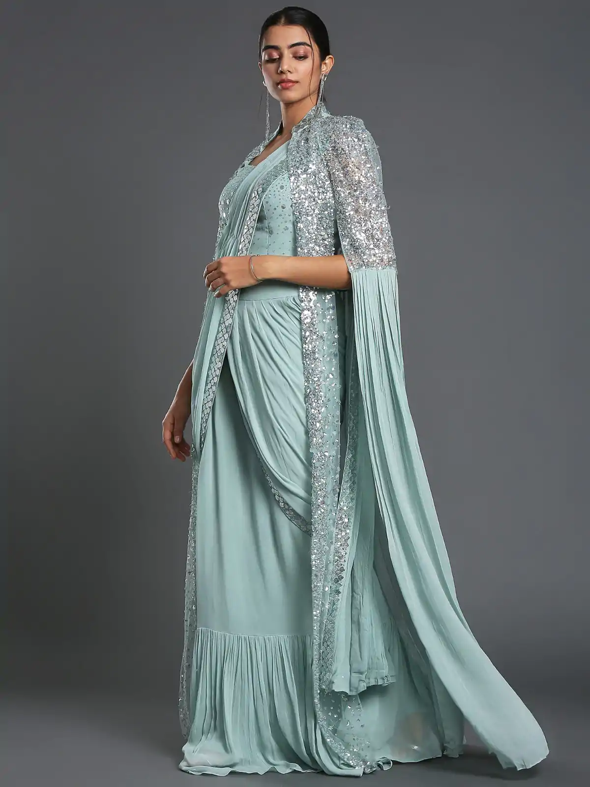 Ram 310 Light Blue Color Georgette Sequence Beautiful Frill Saree Casual, Wedding, Party, Festive, Events Etc. Expected Delivery 4-6 Working Days @2179/- | Bollywood Sarees, Creative Sarees, Designer Sarees, Embroidered Sarees, Ethnic Saree, Modern Digital sarees, Party Wear Sarees, Sarees