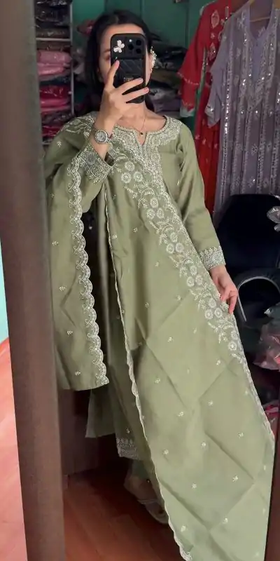 SRK 5178 Mehndi Color Chinnon Silk Embroidery Sequence Salwar Suit Wedding, Party, Festive, Events Expected Delivery 4-6 Working Days @ 2099/- | Jump Suits, Casual Suits, Creative suits, Designer Suits, Palazzo Suits, Party Wear Suits, Patiala Suits, Salwar suit, Straight Suits