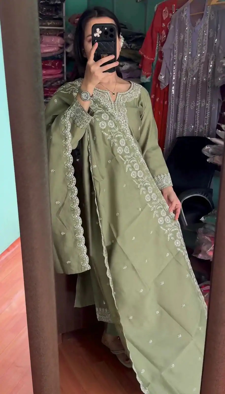 SRK 5178 Mehndi Color Chinnon Silk Embroidery Sequence Salwar Suit Wedding, Party, Festive, Events Expected Delivery 4-6 Working Days @ 2099/- | Jump Suits, Casual Suits, Creative suits, Designer Suits, Palazzo Suits, Party Wear Suits, Patiala Suits, Salwar suit, Straight Suits