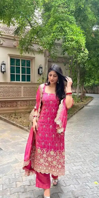SR 1630 Pink Color Chinnon Silk Embroidery Work Sharara Suit Wedding, Party, Festive, Events Etc. Expected Delivery 4-6 Working Days @1949 | Casual Suits, Creative suits, Designer Suits, Palazzo Suits, Party Wear Suits, Salwar suit, Straight Suits