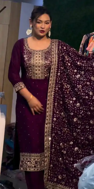 SRK 5178 Purple Color Chinnon Silk Embroidery Sequence Salwar Suit Wedding, Party, Festive, Events Expected Delivery 4-6 Working Days @ 2099/- | Jump Suits, Casual Suits, Creative suits, Designer Suits, Palazzo Suits, Party Wear Suits, Patiala Suits, Salwar suit, Straight Suits