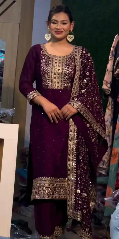SRK 5178 Purple Color Chinnon Silk Embroidery Sequence Salwar Suit Wedding, Party, Festive, Events Expected Delivery 4-6 Working Days @ 2099/- | Jump Suits, Casual Suits, Creative suits, Designer Suits, Palazzo Suits, Party Wear Suits, Patiala Suits, Salwar suit, Straight Suits