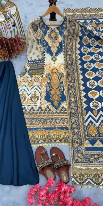 AD 166 Blue Color Chinon Silk Digital Printed Work Sharara Suit Casual, Wedding, Party, Festive, Events Etc. Expected Delivery 4-6 Working Days @1949/- | Jump Suits, Casual Suits, Creative suits, Designer Suits, Palazzo Suits, Party Wear Suits, Patiala Suits, Salwar suit, Straight Suits
