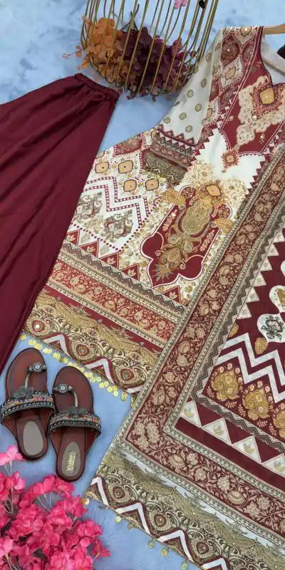 AD 166 Maroon Color Chinon Silk Digital Printed Work Sharara Suit Casual, Wedding, Party, Festive, Events Etc. Expected Delivery 4-6 Working Days @1949/- | Jump Suits, Casual Suits, Creative suits, Designer Suits, Palazzo Suits, Party Wear Suits, Patiala Suits, Salwar suit, Straight Suits