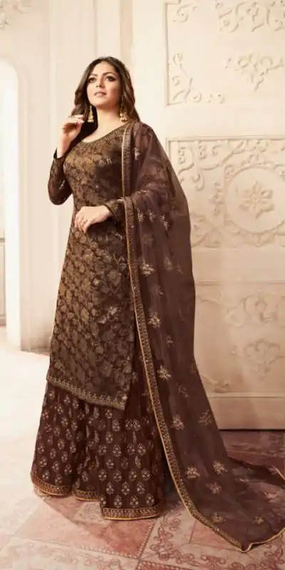 FC L.t 5406 Coffee Color Jacquard Silk Georgette Diamond Sharara Suit Wedding, Party, Festive Expected Delivery 4-6 Working Days  @2999/- | Jump Suits, Casual Suits, Creative suits, Designer Suits, Palazzo Suits, Party Wear Suits, Patiala Suits, Salwar suit, Straight Suits