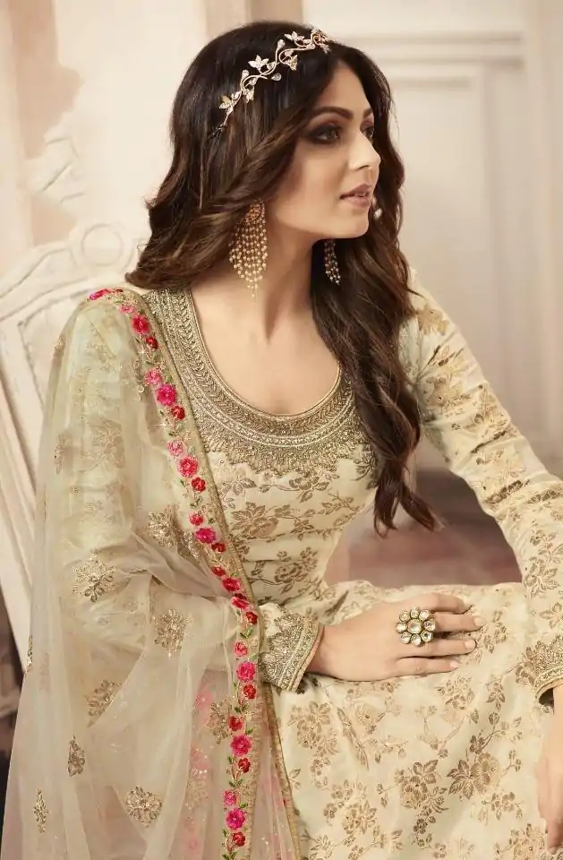 FC L.t 5404 Cream Color Jacquard Silk Georgette Diamond Sharara Suit Wedding, Party, Festive Expected Delivery 4-6 Working Days  @2999/- | Jump Suits, Casual Suits, Creative suits, Designer Suits, Palazzo Suits, Party Wear Suits, Patiala Suits, Salwar suit, Straight Suits