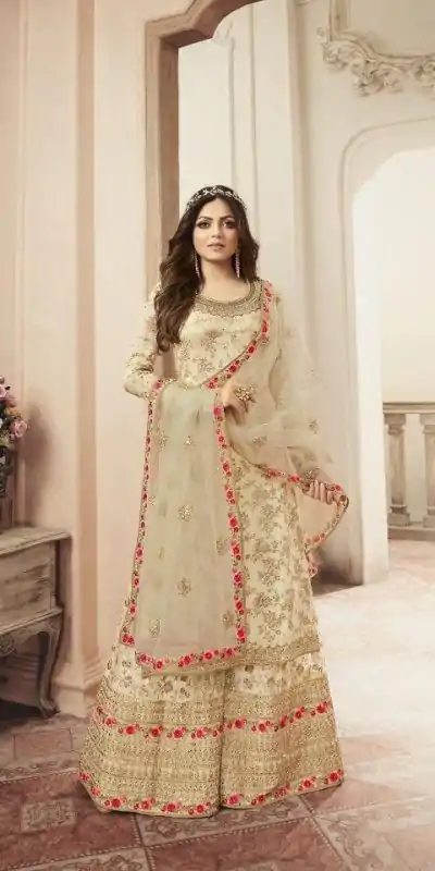 FC L.t 5404 Cream Color Jacquard Silk Georgette Diamond Sharara Suit Wedding, Party, Festive Expected Delivery 4-6 Working Days  @2999/- | Jump Suits, Casual Suits, Creative suits, Designer Suits, Palazzo Suits, Party Wear Suits, Patiala Suits, Salwar suit, Straight Suits