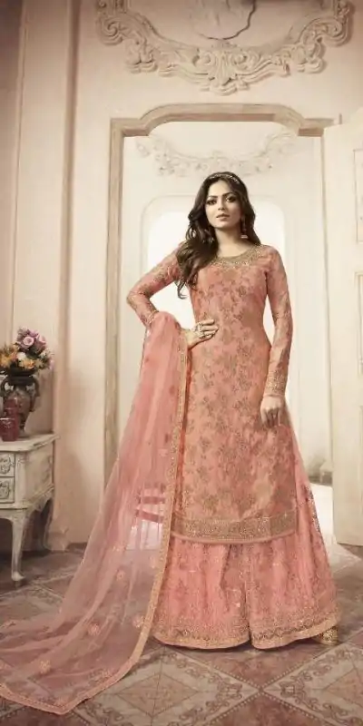 FC L.t 5402 Peach Color Jacquard Silk Georgette Diamond Sharara Suit Wedding, Party, Festive Expected Delivery 4-6 Working Days  @2999/- | Jump Suits, Casual Suits, Creative suits, Designer Suits, Palazzo Suits, Party Wear Suits, Patiala Suits, Salwar suit, Straight Suits