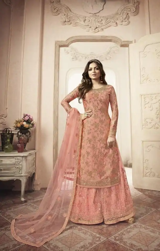 FC L.t 5402 Peach Color Jacquard Silk Georgette Diamond Sharara Suit Wedding, Party, Festive Expected Delivery 4-6 Working Days  @2999/- | Jump Suits, Casual Suits, Creative suits, Designer Suits, Palazzo Suits, Party Wear Suits, Patiala Suits, Salwar suit, Straight Suits