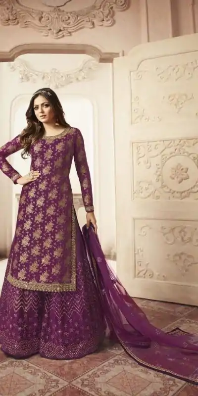 FC L.t 5403 Purple Color Jacquard Silk Georgette Diamond Sharara Suit Wedding, Party, Festive Expected Delivery 4-6 Working Days  @2999/- | Jump Suits, Casual Suits, Creative suits, Designer Suits, Palazzo Suits, Party Wear Suits, Patiala Suits, Salwar suit, Straight Suits