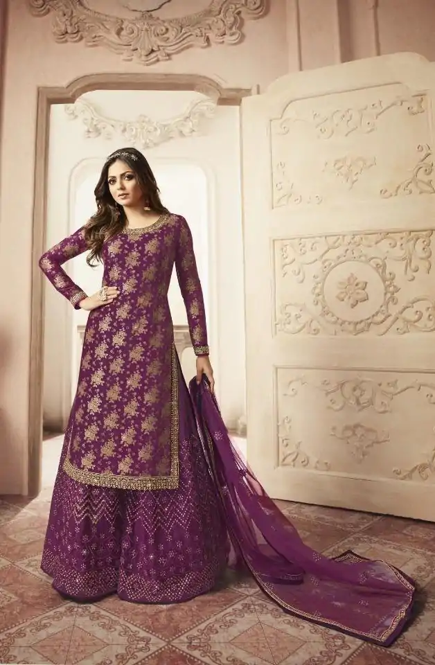 FC L.t 5403 Purple Color Jacquard Silk Georgette Diamond Sharara Suit Wedding, Party, Festive Expected Delivery 4-6 Working Days  @2999/- | Jump Suits, Casual Suits, Creative suits, Designer Suits, Palazzo Suits, Party Wear Suits, Patiala Suits, Salwar suit, Straight Suits