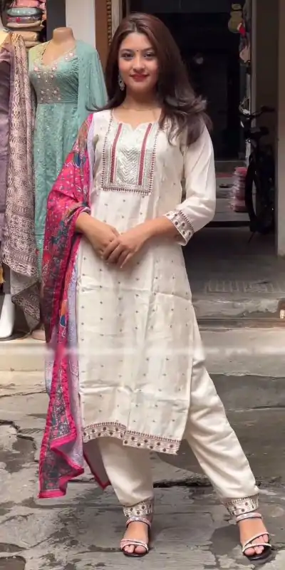 SRK 474 White Color Chinnon Silk Malty Thread Embroidery Salwar Suit Wedding, Party, Festive, Events Expected Delivery 4-6 Working Days @ 1849/- | Jump Suits, Casual Suits, Creative suits, Designer Suits, Palazzo Suits, Party Wear Suits, Patiala Suits, Salwar suit, Straight Suits