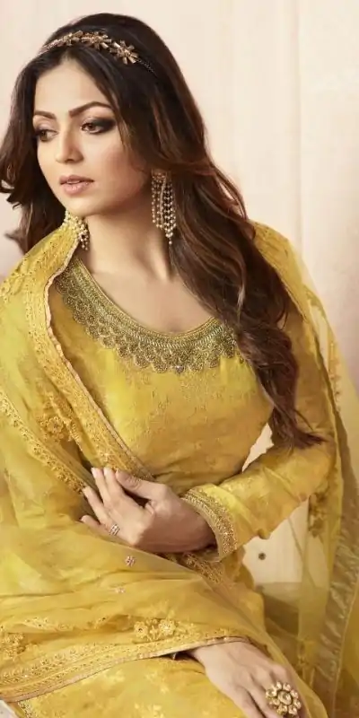 FC L.t 5405 Yellow Color Jacquard Silk Georgette Diamond Sharara Suit Wedding, Party, Festive Expected Delivery 4-6 Working Days  @2999/- | Jump Suits, Casual Suits, Creative suits, Designer Suits, Palazzo Suits, Party Wear Suits, Patiala Suits, Salwar suit, Straight Suits
