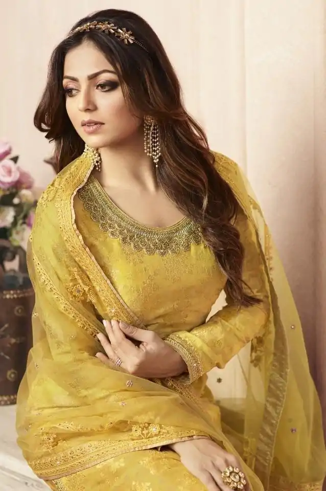 FC L.t 5405 Yellow Color Jacquard Silk Georgette Diamond Sharara Suit Wedding, Party, Festive Expected Delivery 4-6 Working Days  @2999/- | Jump Suits, Casual Suits, Creative suits, Designer Suits, Palazzo Suits, Party Wear Suits, Patiala Suits, Salwar suit, Straight Suits