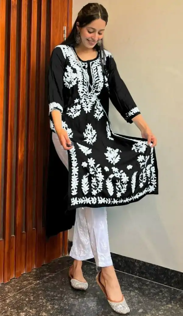 MJF 402 Black Color Heavy Rayon Cotton Style Embroidery Work Kurti Wedding, Party, Festive, Events Etc.   Expected Delivery 4-6 Working Days @1499/- | Bollywood Kurti, Creative Kurtis, Designer Kurti, Kurti, Party Wear Kurti, Selfie Kurti