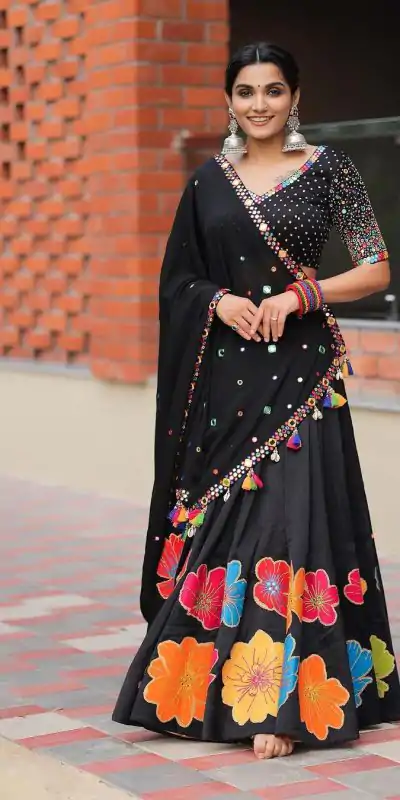 LG 576 Black Color Pure Cotton Printed Mirror Work Lehenga Choli Traditional Wear, Festive, Wedding, Events Expected Delivery 4-6 Working Days @1899/- | Creative Lehenga, Designer Lehenga, Embroidered Lehenga, Lehenga, Party Wear Lehenga