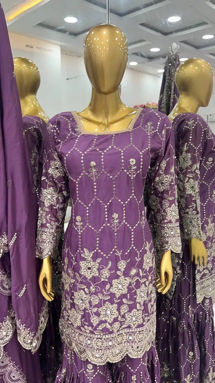 SR 1616 Violet Color Heavy Chinnon Silk Embroidery Work Sharara Suit Wedding, Party, Festive, Events Etc. Expected Delivery 4-6 Working Days @2199Only | Casual Suits, Creative suits, Designer Suits, Palazzo Suits, Party Wear Suits, Salwar suit, Straight Suits