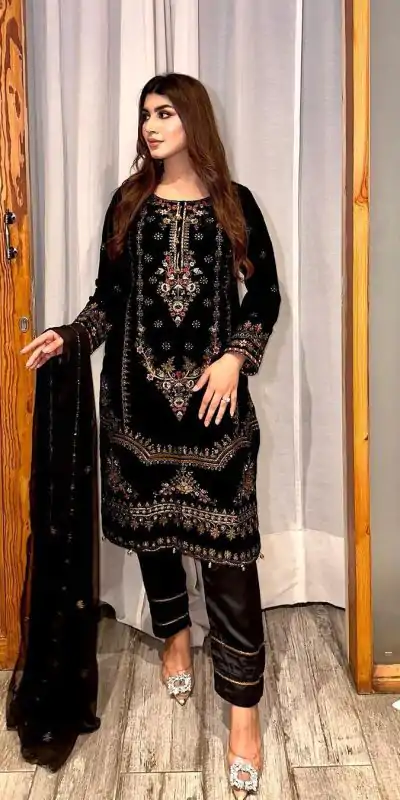 ZF 345 Black Color Viscose Velvet Embroidery Salwar Suit Casual, Wedding, Party, Events Etc. Expected Delivery 4-6 Working Days 1899/- | Jump Suits, Casual Suits, Creative suits, Designer Suits, Palazzo Suits, Party Wear Suits, Patiala Suits, Salwar suit, Straight Suits