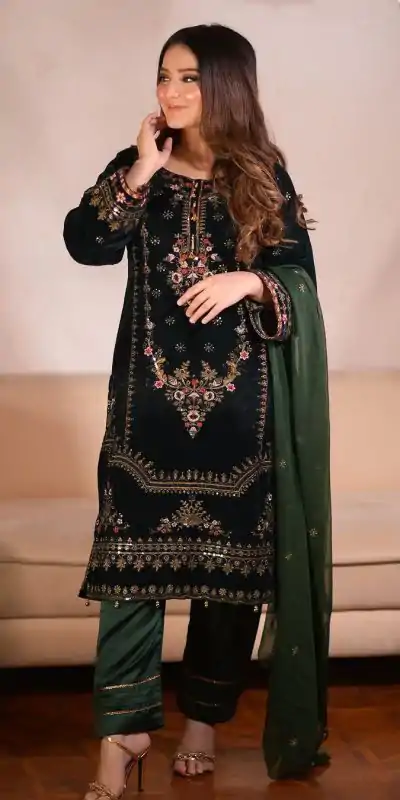 ZF 345 Green Color Viscose Velvet Embroidery Salwar Suit Casual, Wedding, Party, Events Etc. Expected Delivery 4-6 Working Days 1899/- | Jump Suits, Casual Suits, Creative suits, Designer Suits, Palazzo Suits, Party Wear Suits, Patiala Suits, Salwar suit, Straight Suits