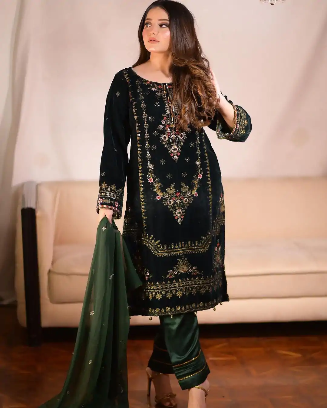 ZF 345 Green Color Viscose Velvet Embroidery Salwar Suit Casual, Wedding, Party, Events Etc. Expected Delivery 4-6 Working Days 1899/- | Jump Suits, Casual Suits, Creative suits, Designer Suits, Palazzo Suits, Party Wear Suits, Patiala Suits, Salwar suit, Straight Suits